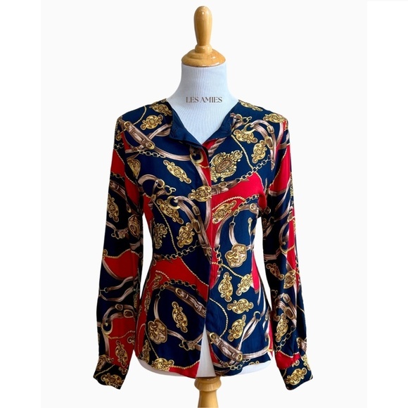 Vintage Stephanie Andrews 100% Silk Equestrian Navy Red Button Down Blouse Shirt - Picture 1 of 16